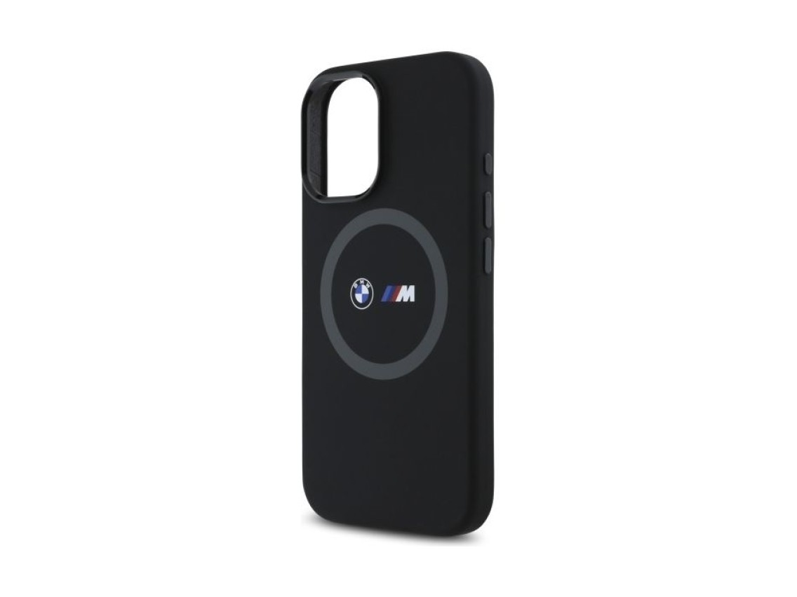 Funda de silicona con anillo estampado BMW M MagSafe para iPhone 16 - Negra