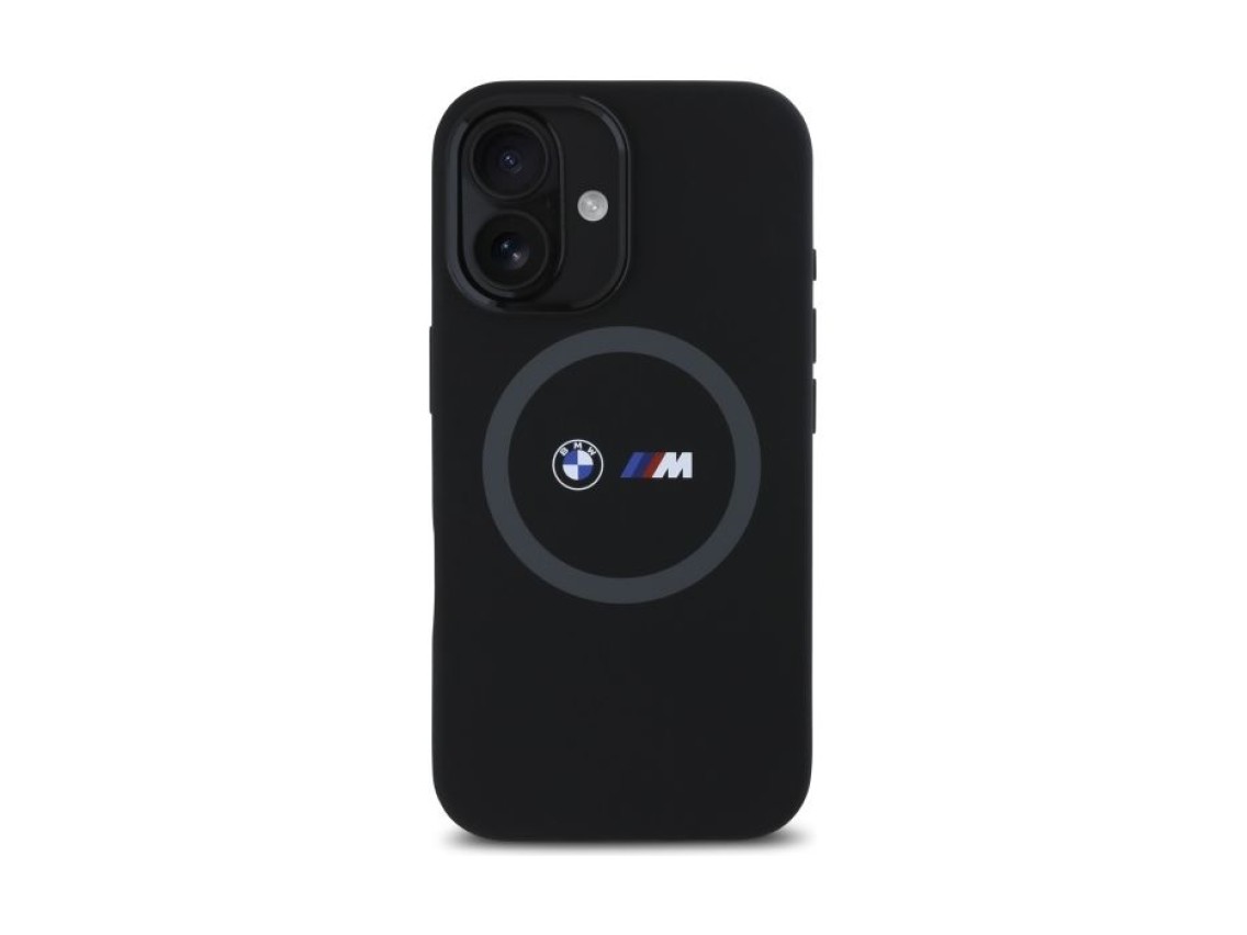 Funda de silicona con anillo estampado BMW M MagSafe para iPhone 16 - Negra