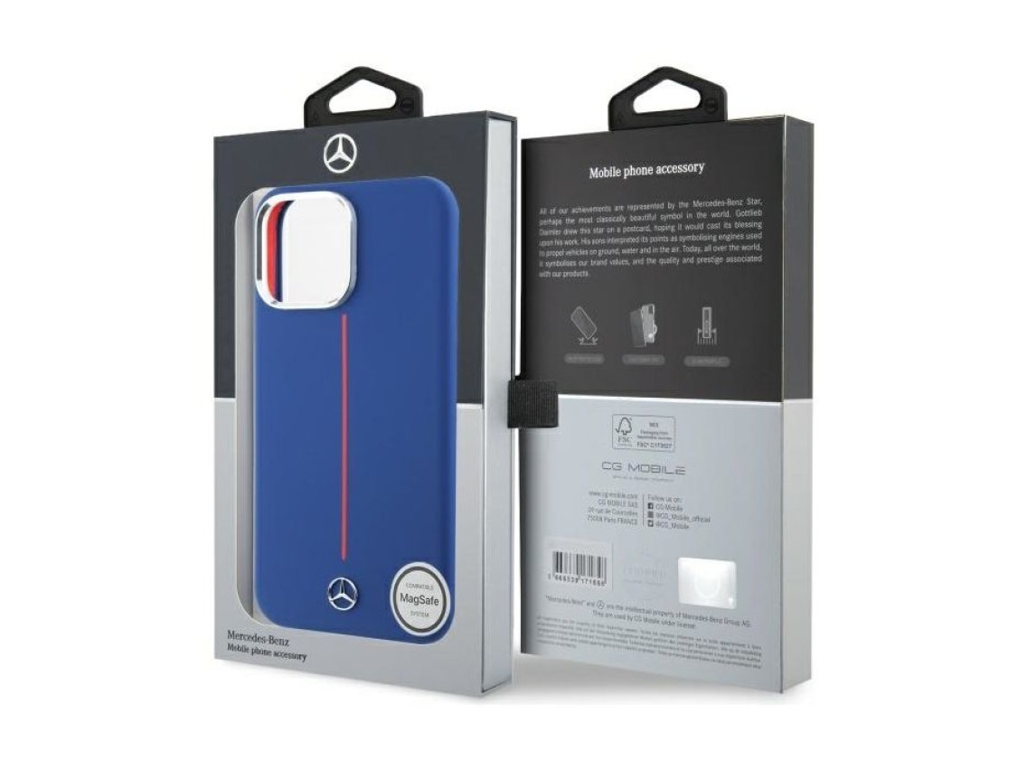 Capa MagSafe Mercedes em silicone com risca vermelha para iPhone 16 Pro Max - Azul Marinho
