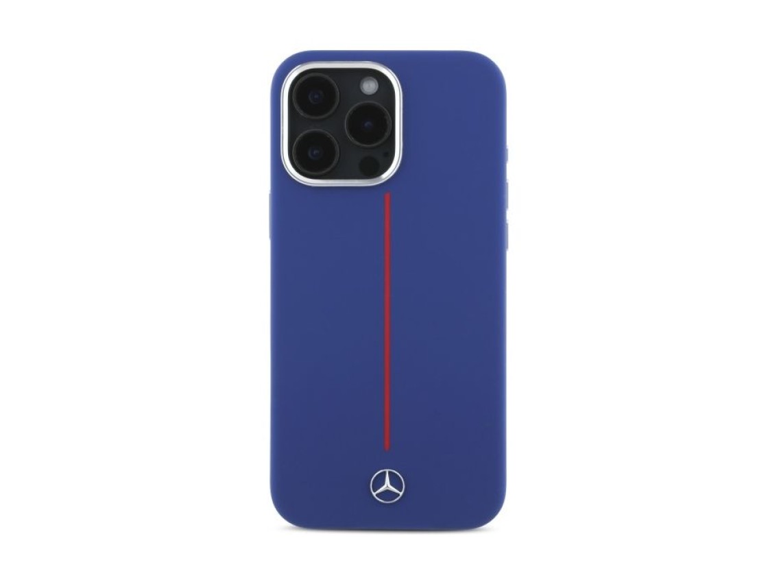 Capa MagSafe Mercedes em silicone com risca vermelha para iPhone 16 Pro Max - Azul Marinho