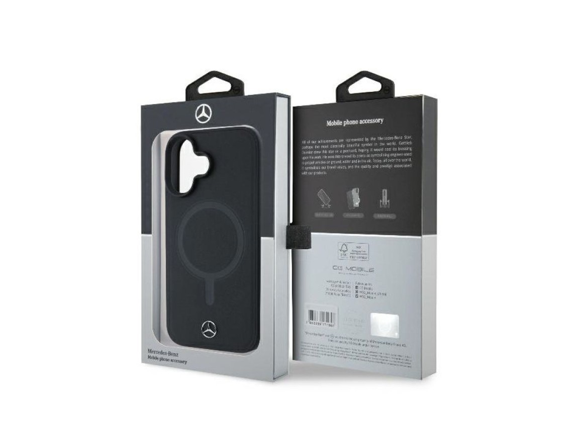 Funda Mercedes de piel lisa MagSafe para iPhone 16 Plus - Negra