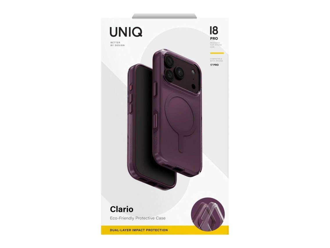 Capa ecológica Uniq Clario Magclick Charging para iPhone 18 Pro/17 Pro - roxa