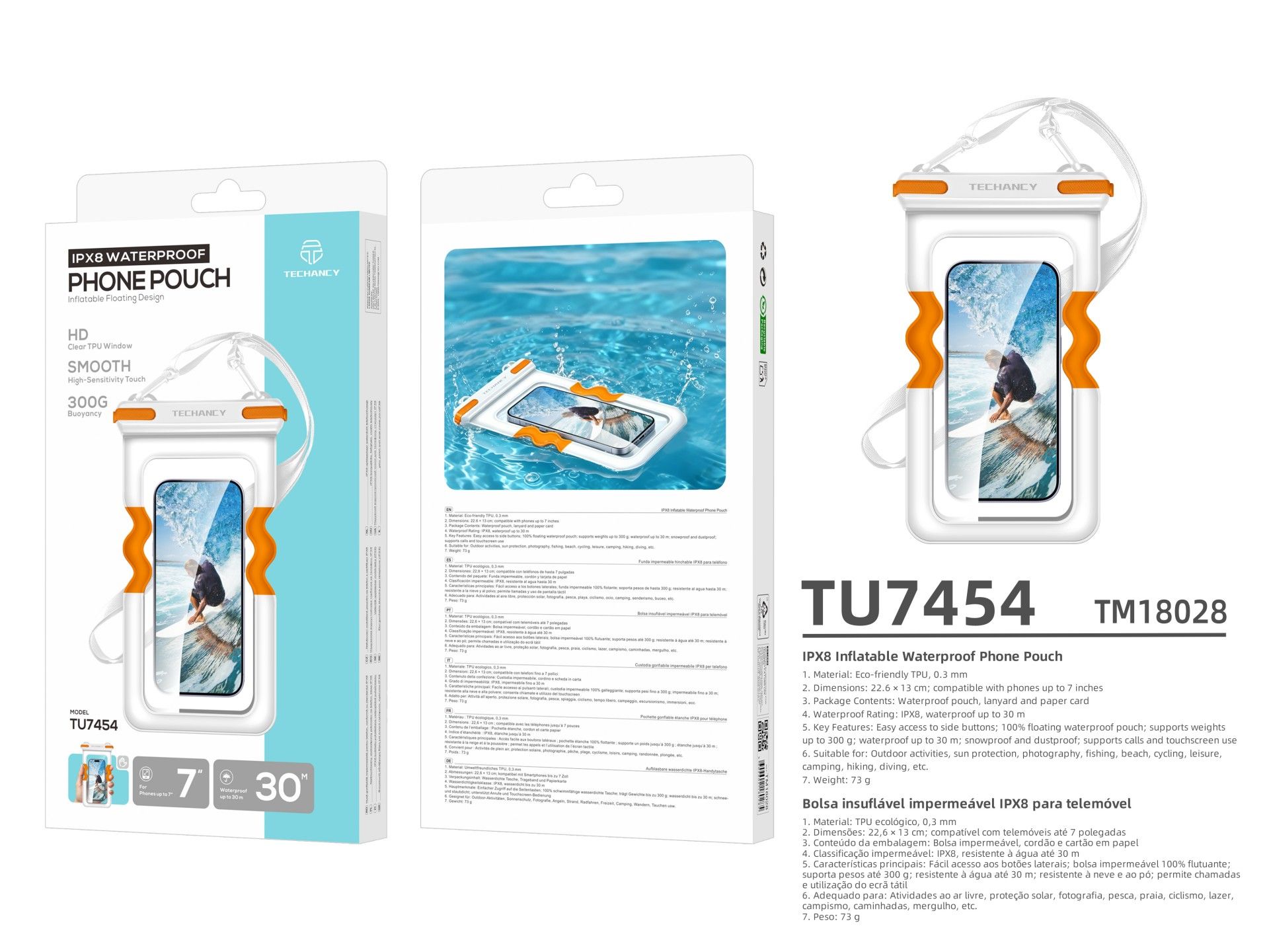 Bolsa Impermeavel Insuflavel para Telemovel Techancy TU7454, 7 Polegadas, IPX8, Ate 30m, Flutuante,