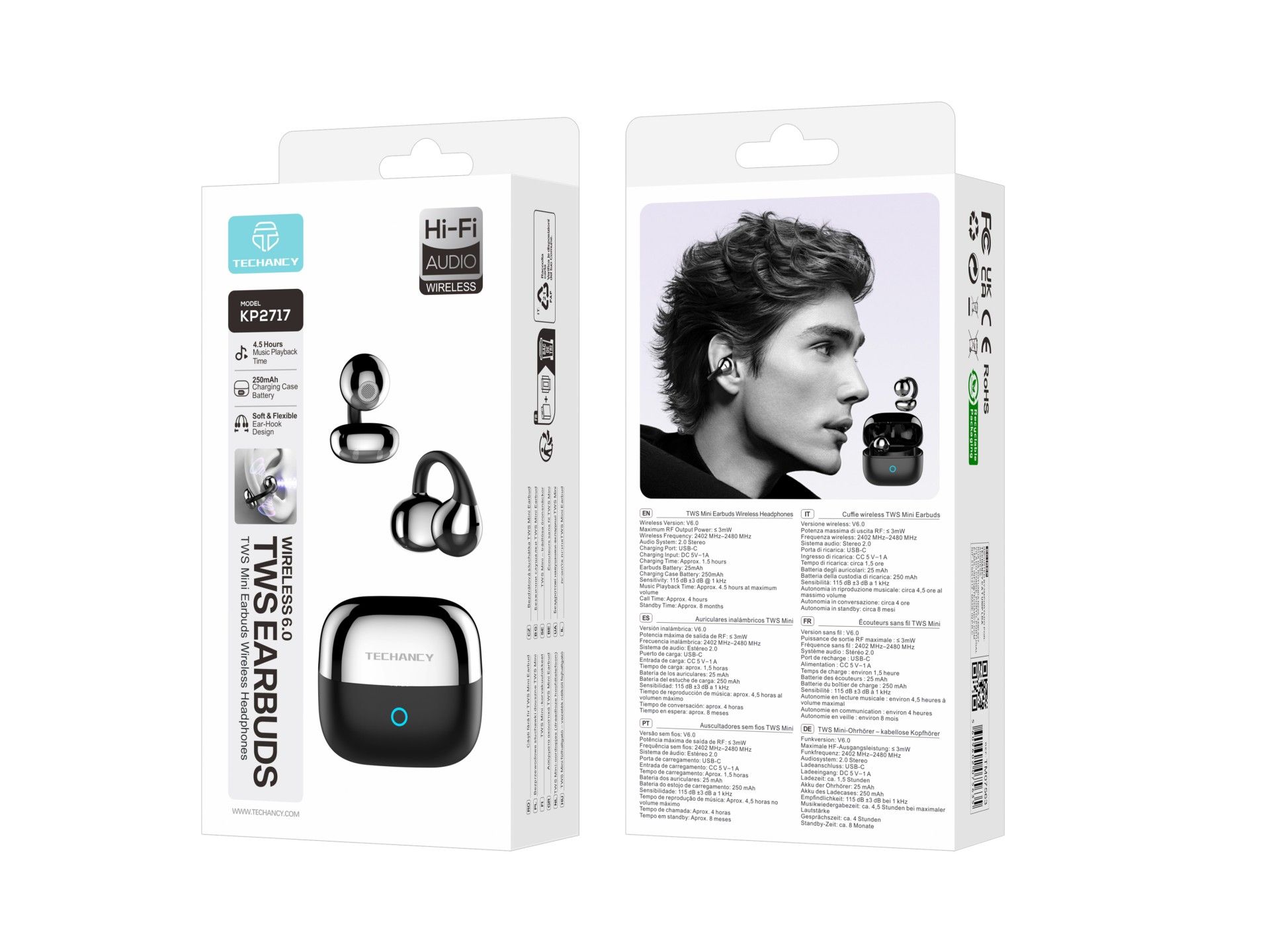 Techancy KP2717 Open Ear Bluetooth Headphones, TWS Mini, Bluetooth 6.0, Ear Hook, 4.5h Battery Life,