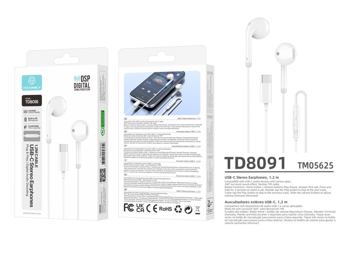 Auriculares con cable USB-C Techancy TD8091, sonido estéreo DSP, micrófono HD, controles, Plug and P
