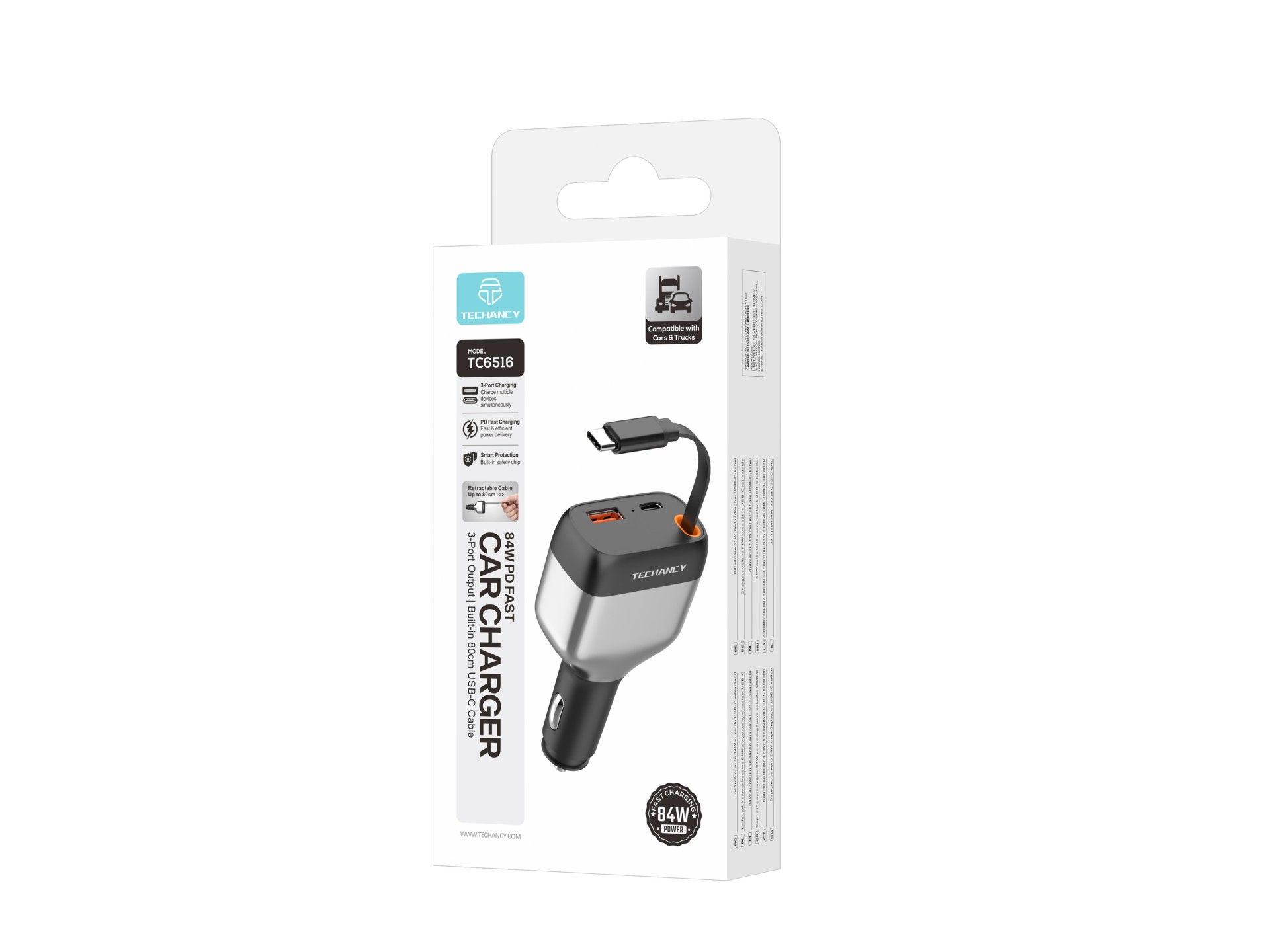 Techancy TC6516 Car Cigarette Lighter Charger, 84W PD, 3 Ports, 80cm Retractable USB-C Cable, USB-A,