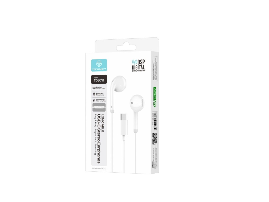 Auriculares con cable USB-C Techancy TD8091, sonido estéreo DSP, micrófono HD, controles, Plug and P