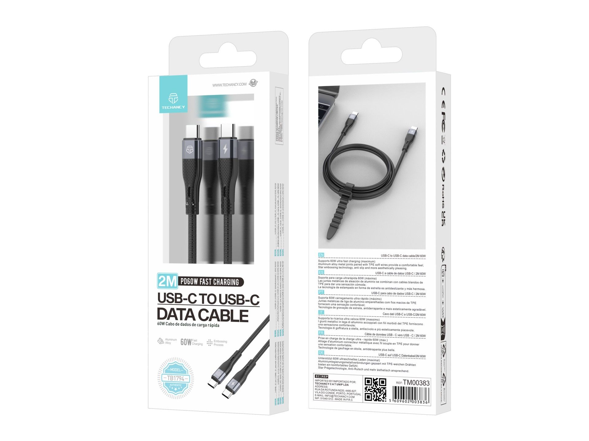 Cabo USB-C para USB-C Techancy TB1794, 60W PD, Carregamento Rapido, Transferencia de Dados, 2m, Alum