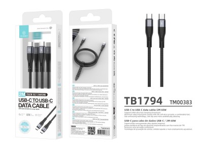 Techancy TB1794 USB-C to USB-C Cable, 60W PD, Fast Charging, Data Transfer, 2m, Aluminum, TPE, Black