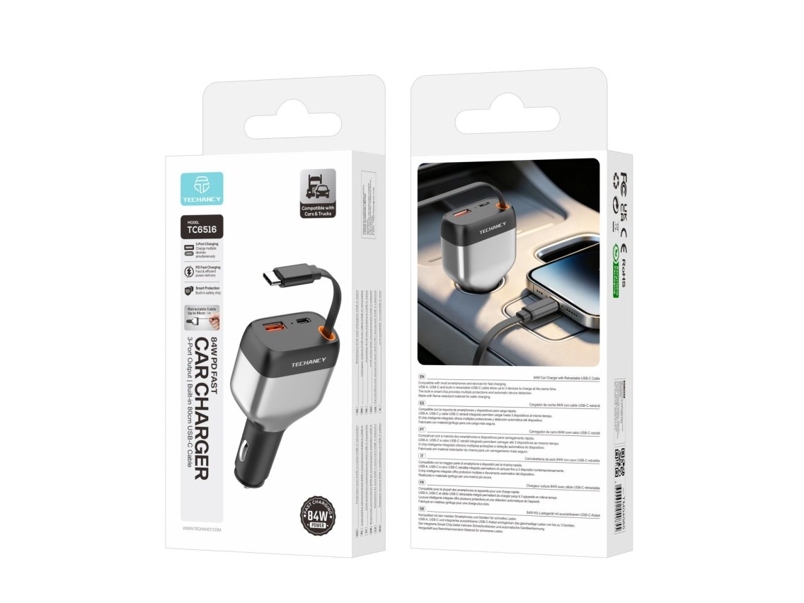 Techancy TC6516 Car Cigarette Lighter Charger, 84W PD, 3 Ports, 80cm Retractable USB-C Cable, USB-A,