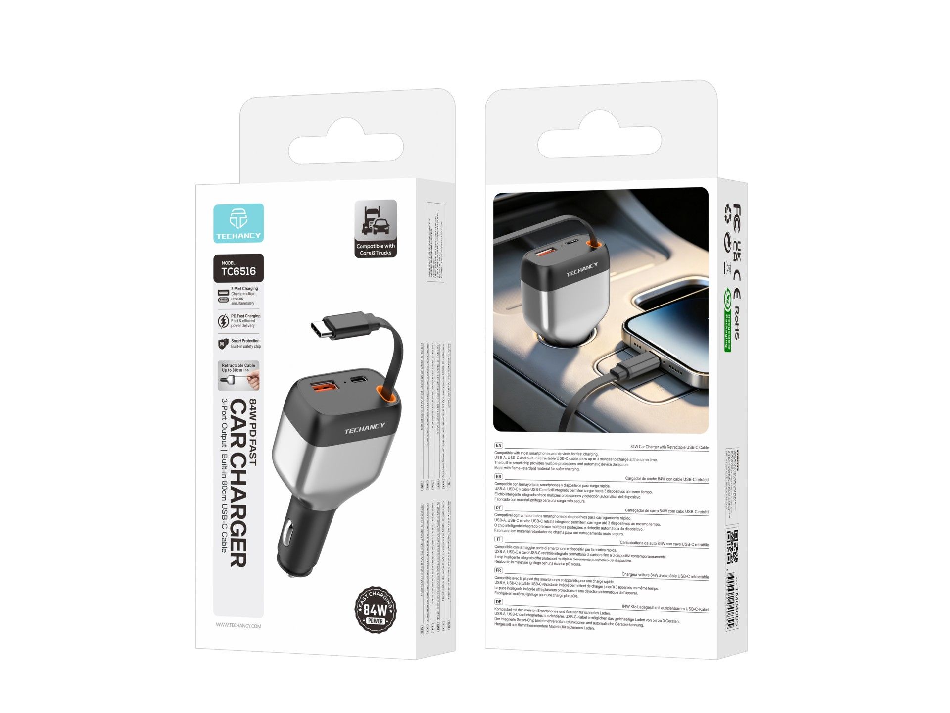 Techancy TC6516 Car Cigarette Lighter Charger, 84W PD, 3 Ports, 80cm Retractable USB-C Cable, USB-A,