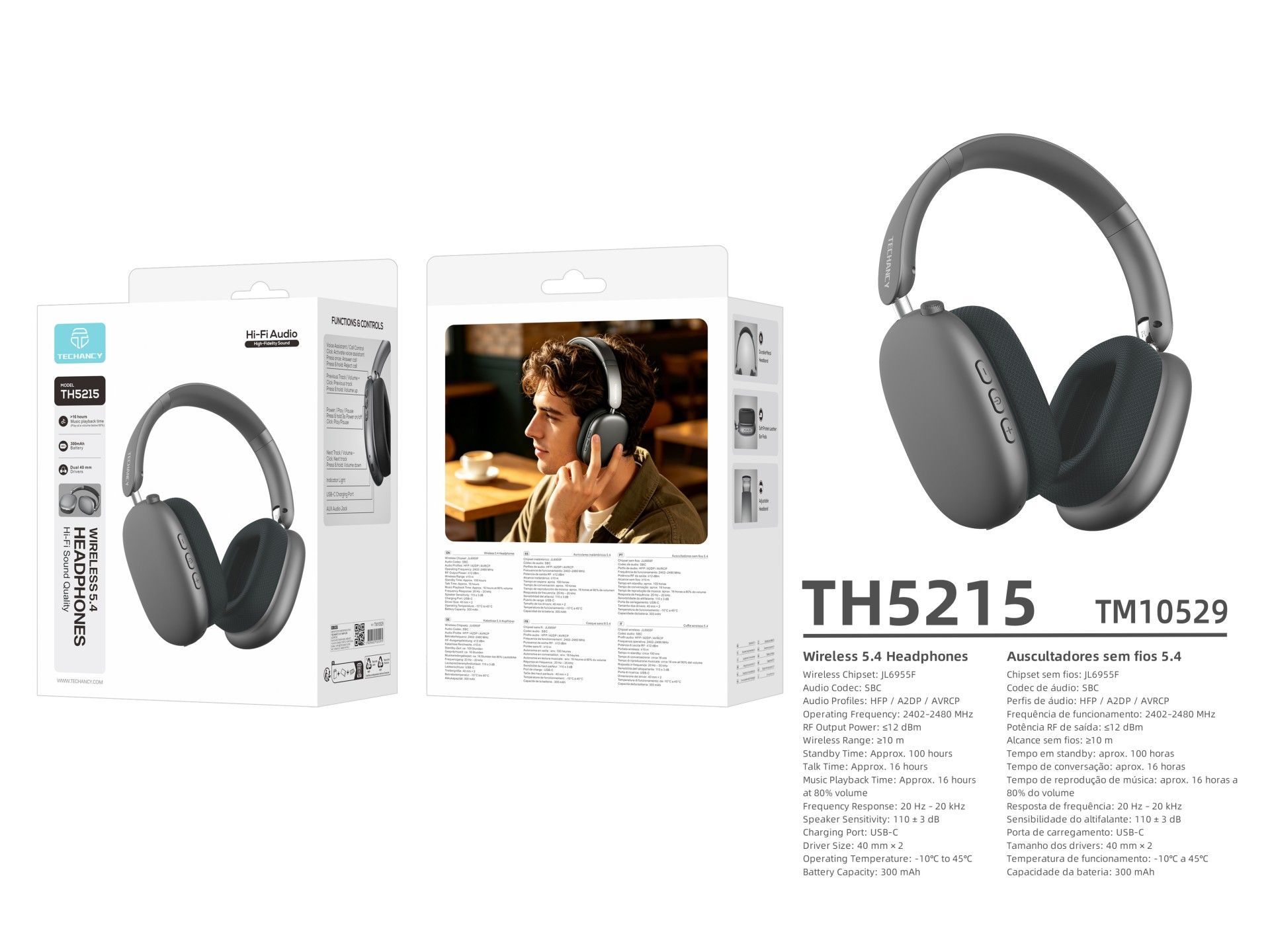 Auriculares Bluetooth Techancy TH5215, Bluetooth 5.4, controladores de 40 mm, 16 horas de duración d