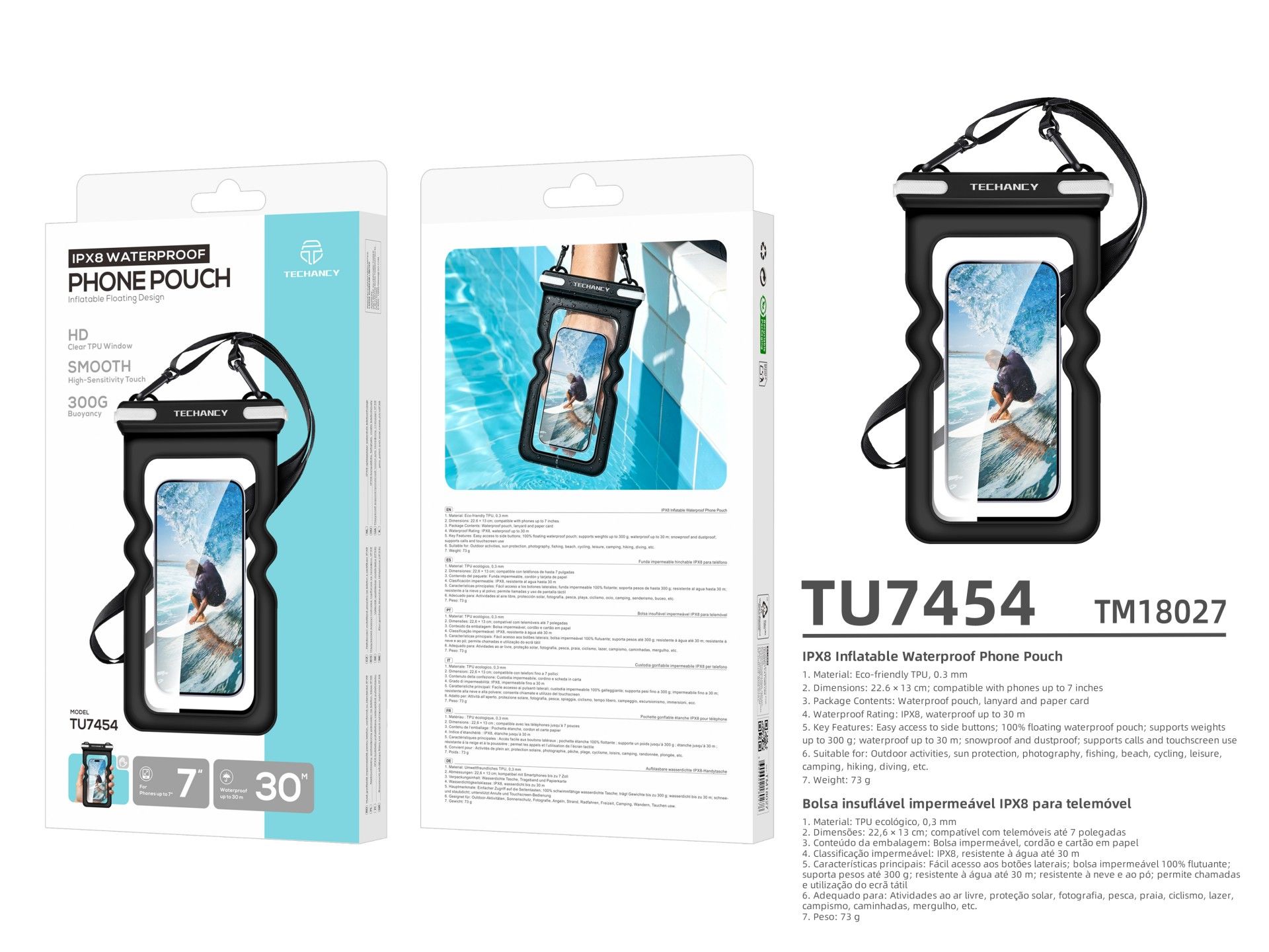 Bolsa Impermeavel Insuflavel para Telemovel Techancy TU7454, 7 Polegadas, IPX8, Ate 30m, Flutuante,