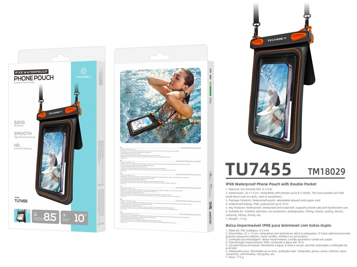 Funda impermeable para teléfono móvil Techancy TU7455, doble bolsillo, 8,5 pulgadas, IPX8, hasta 10