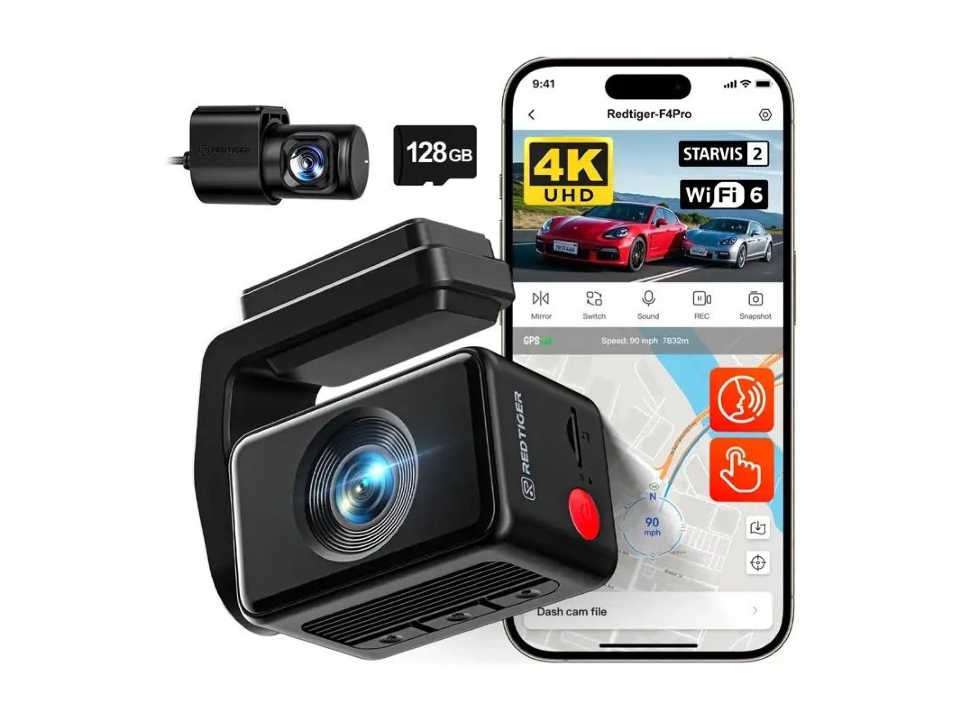 REDTIGER F4 Pro WiFi 4K + 1080p 128GB Dash Cam