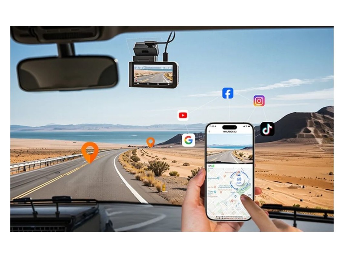 Cámara de salpicadero WOLFBOX X3 WiFi 2.5K + 1080p 64GB