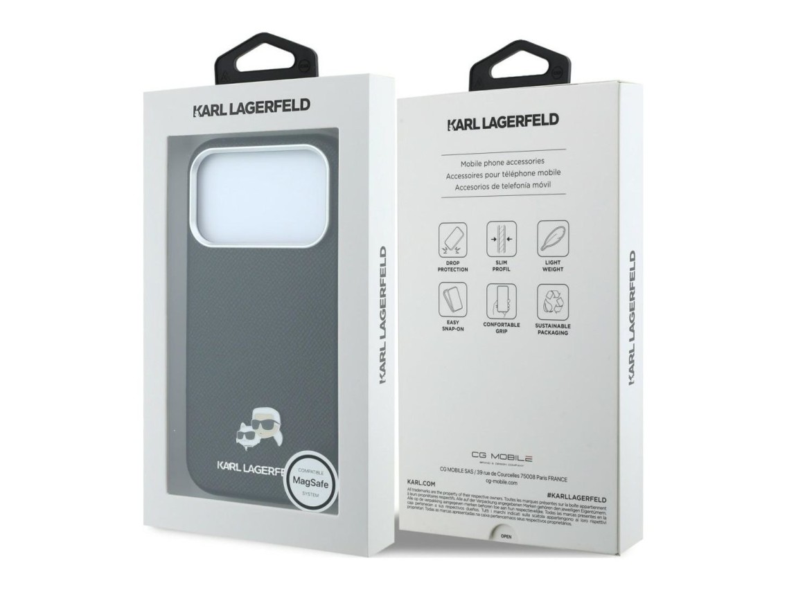 Capa MagSafe Karl Lagerfeld Grained Heads em metal para iPhone 17 Pro / 18 Pro - Preta