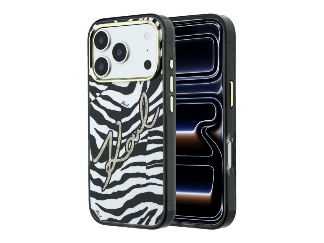 Funda Karl Lagerfeld IML Signature Zebra Glitter MagSafe para iPhone 17 Pro Max / 18 Pro Max - Oro