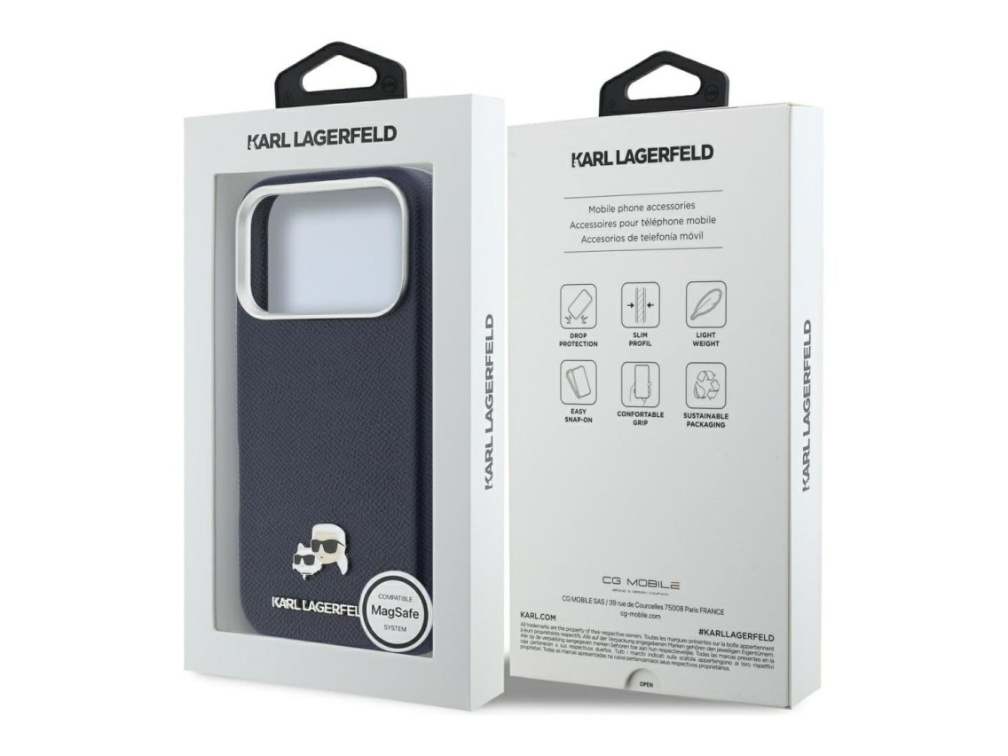 Capa MagSafe Karl Lagerfeld Karl & Choupette Head Pins Saffiano para iPhone 17 Pro - Azul