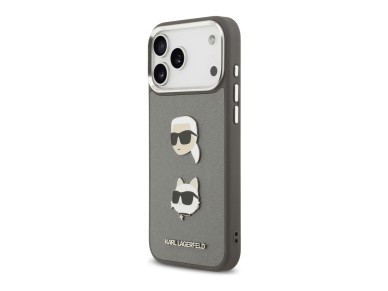 Karl Lagerfeld FW Grained Karl & Choupette Heads Pins & Logo iPhone 17 Pro Max Case - Gray Karl Lagerfeld FW Grained Karl & Choupette Heads Pins & Logo iPhone 17 Pro Max Case - Gray