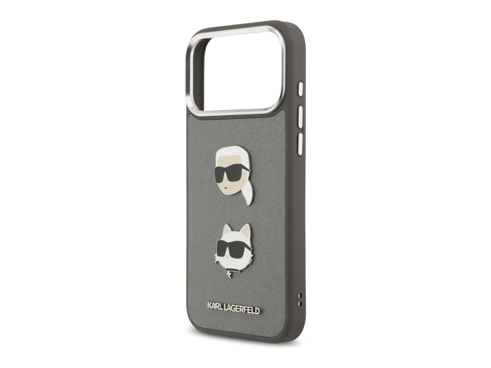 Karl Lagerfeld FW Grained Karl & Choupette Heads Pins & Logo iPhone 17 Pro Max Case - Gray