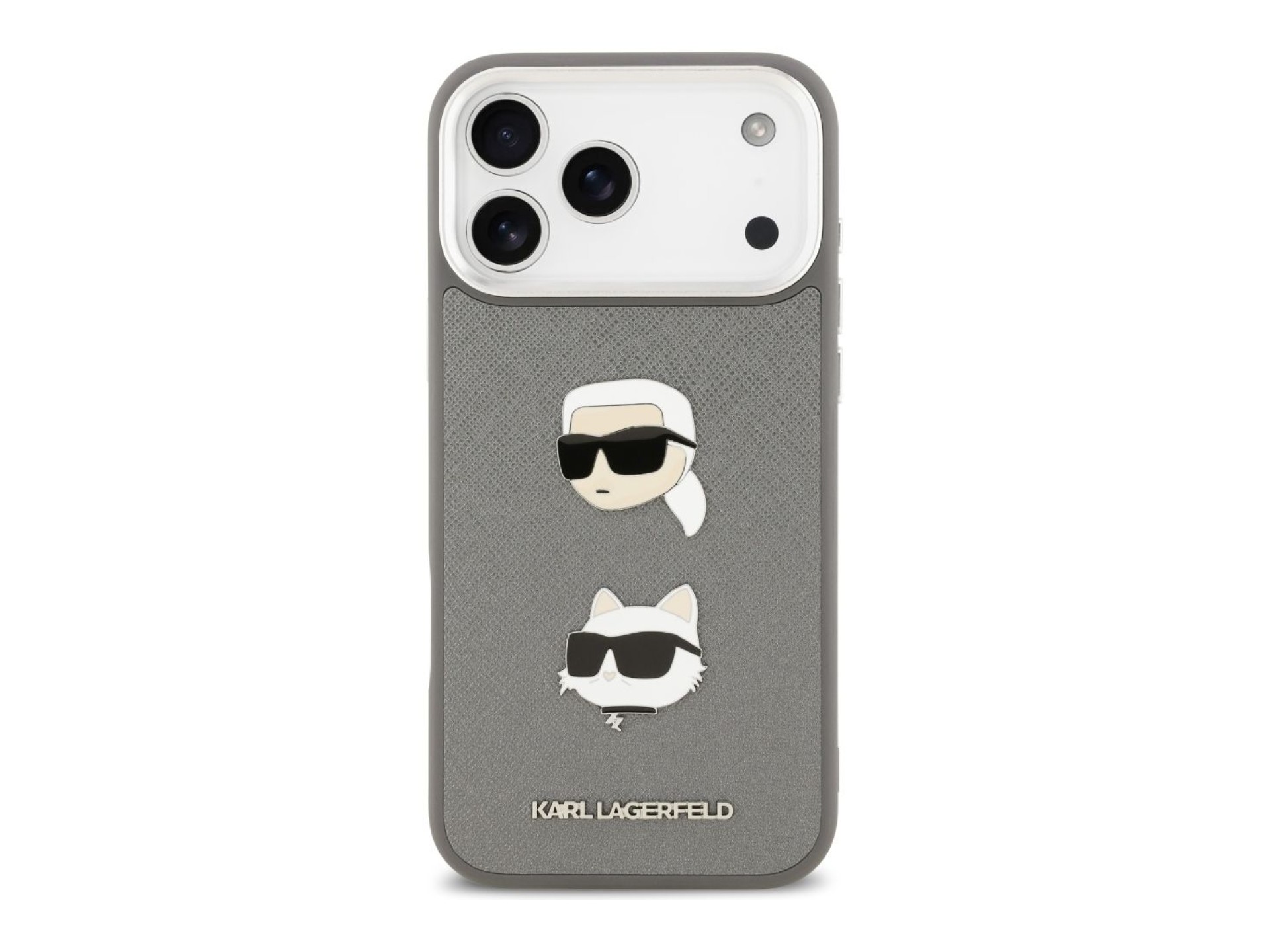 Karl Lagerfeld FW Grained Karl & Choupette Heads Pins & Logo iPhone 17 Pro Max Case - Gray