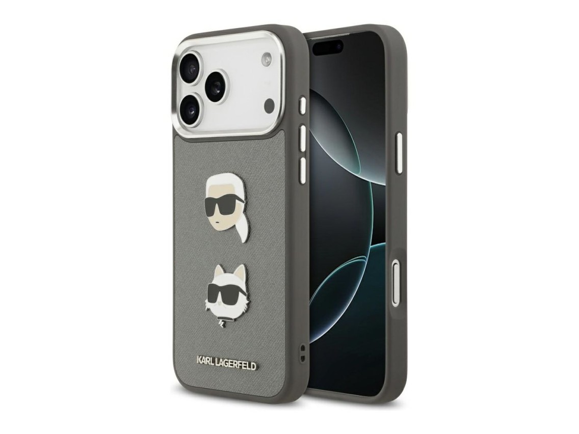 Funda para iPhone 17 Pro Max Karl Lagerfeld FW con diseño granulado de Karl y Choupette, pines y log
