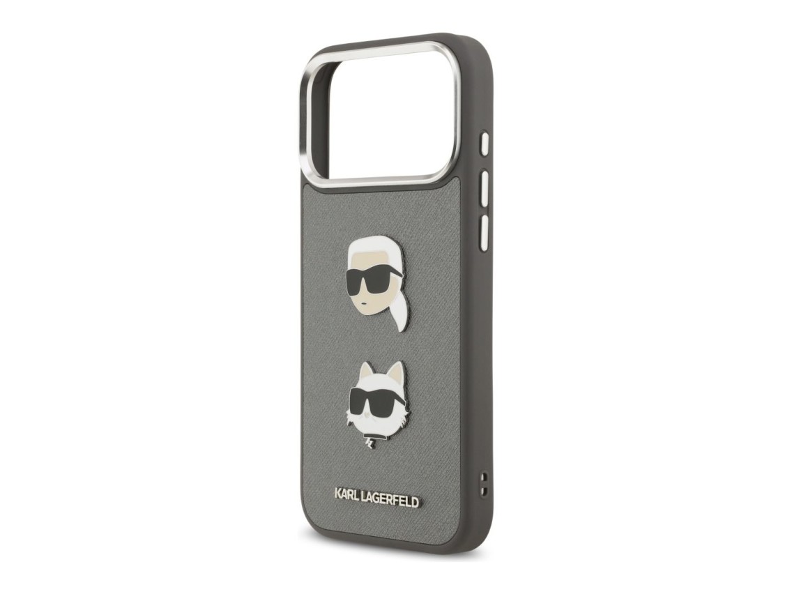 Karl Lagerfeld FW Grained Karl & Choupette Heads Pins & Logo iPhone 17 Pro Max Case - Gray