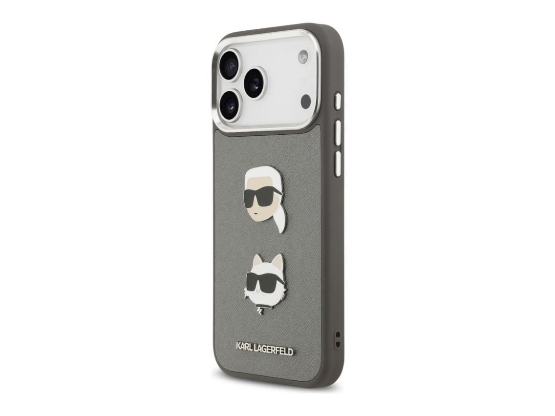 Karl Lagerfeld FW Grained Karl & Choupette Heads Pins & Logo iPhone 17 Pro Max Case - Gray