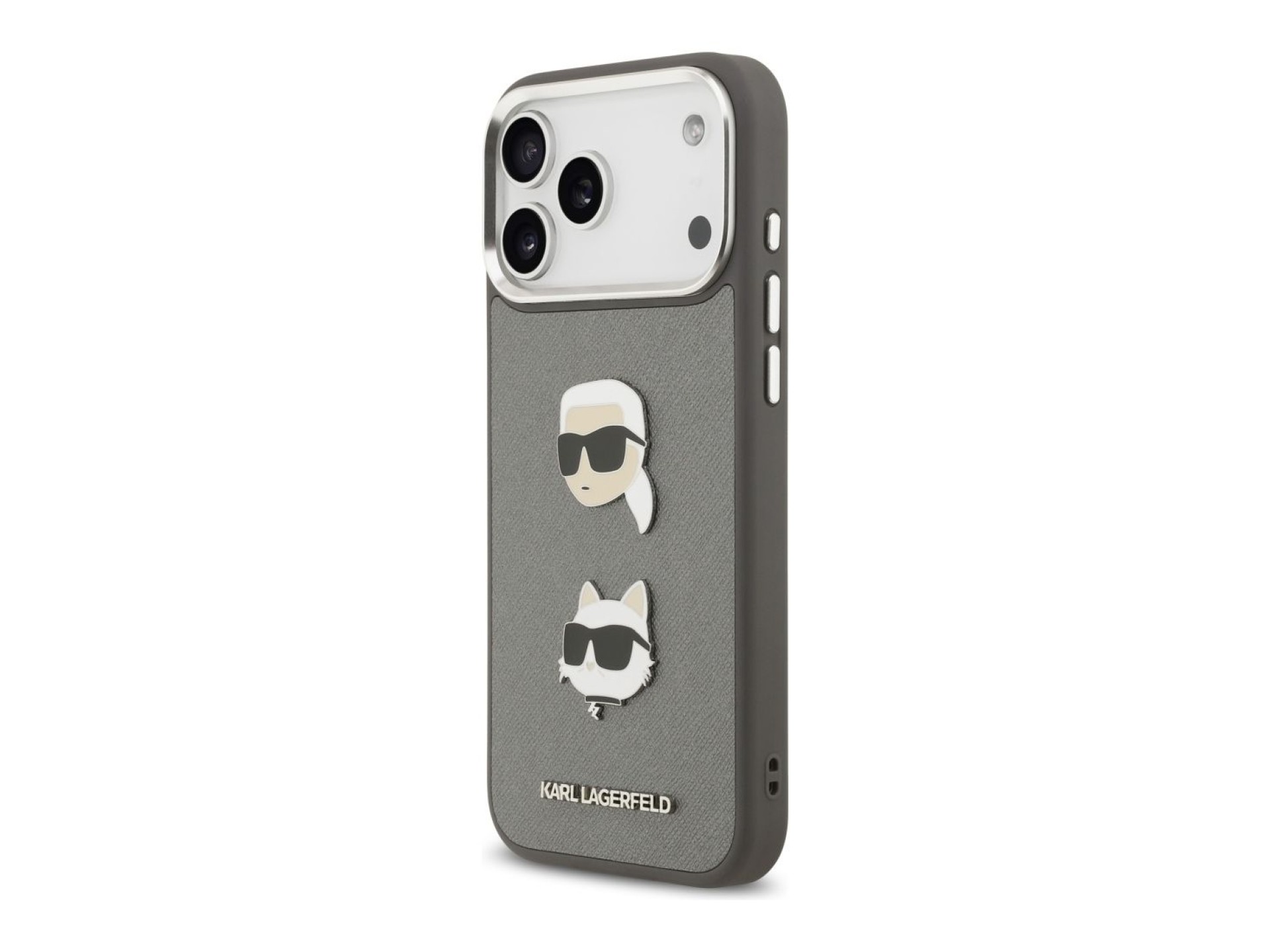 Karl Lagerfeld FW Grained Karl & Choupette Heads Pins & Logo iPhone 17 Pro Max Case - Gray