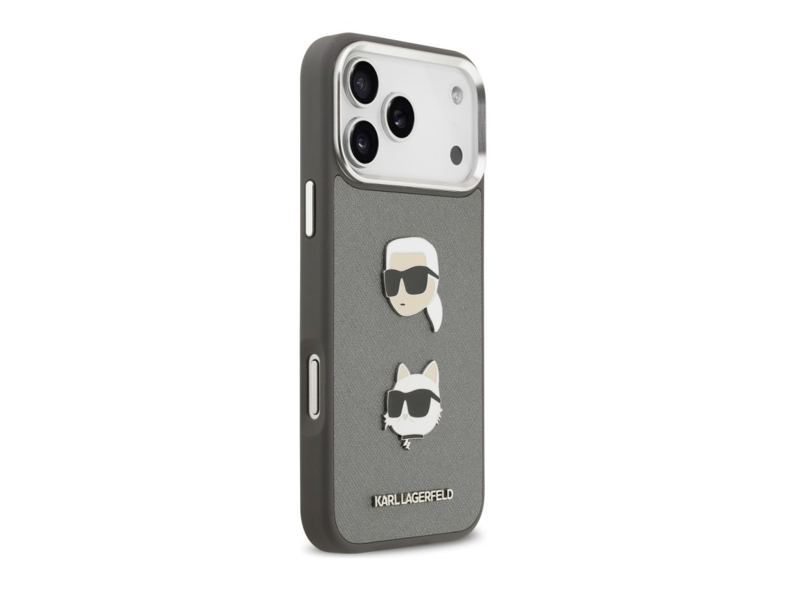 Karl Lagerfeld FW Grained Karl & Choupette Heads Pins & Logo iPhone 17 Pro Max Case - Gray