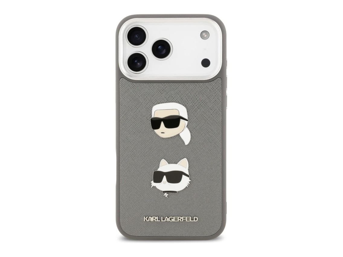 Karl Lagerfeld FW Grained Karl & Choupette Heads Pins & Logo iPhone 17 Pro Max Case - Gray