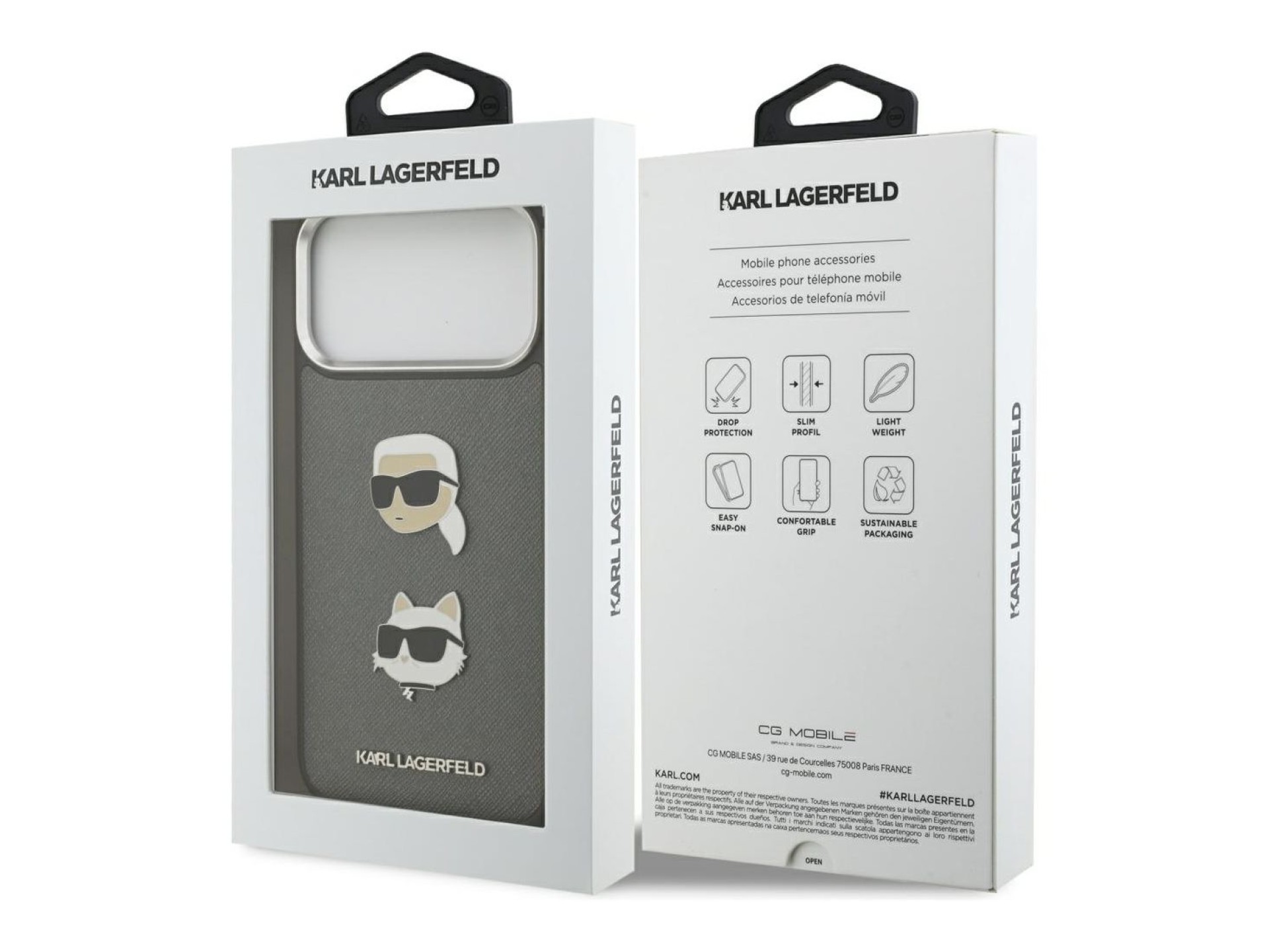 Karl Lagerfeld FW Grained Karl & Choupette Heads Pins & Logo iPhone 17 Pro Max Case - Gray