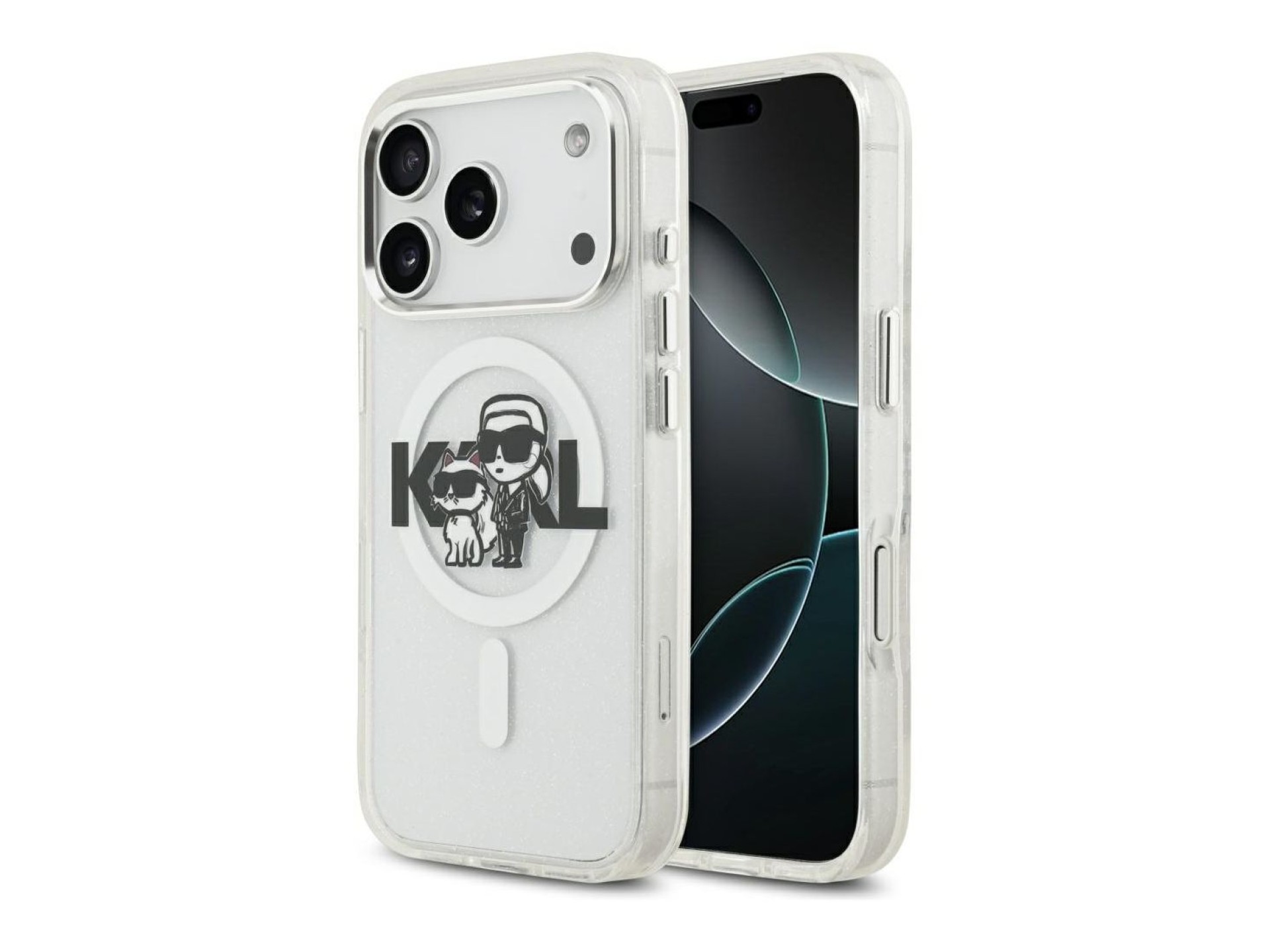 Karl Lagerfeld IML Glitter Karl & Choupette Sketch Logo MagSafe Case for iPhone 17 Pro - Clear