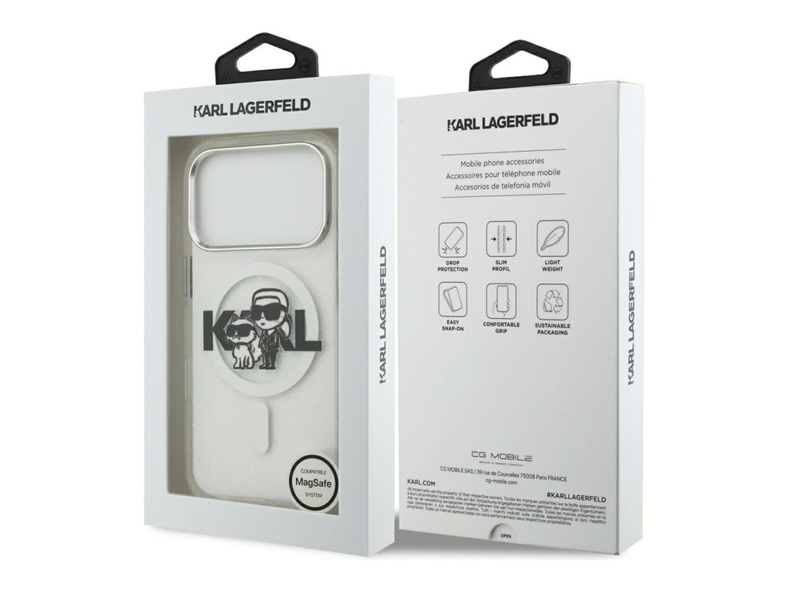 Karl Lagerfeld IML Glitter Karl & Choupette Sketch Logo MagSafe Case for iPhone 17 Pro - Clear