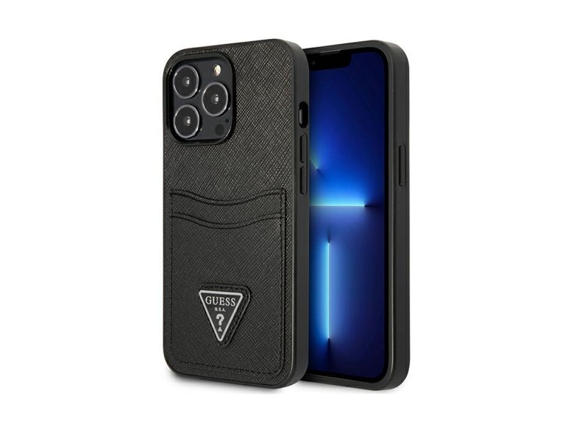Funda Guess Saffiano con logo triangular y ranura para tarjetas para iPhone 13 / 13 Pro - Negra