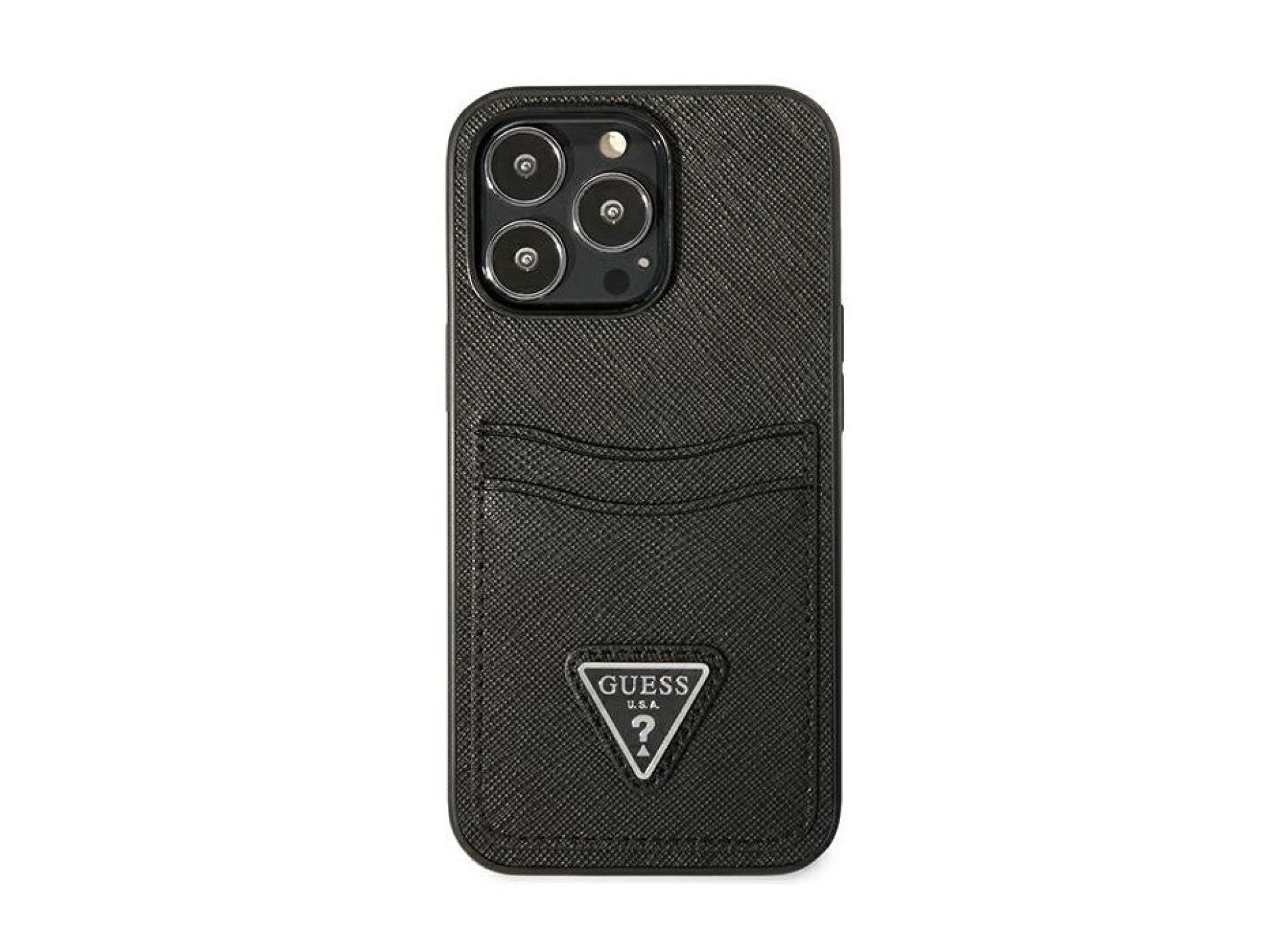 Funda Guess Saffiano con logo triangular y ranura para tarjetas para iPhone 13 / 13 Pro - Negra