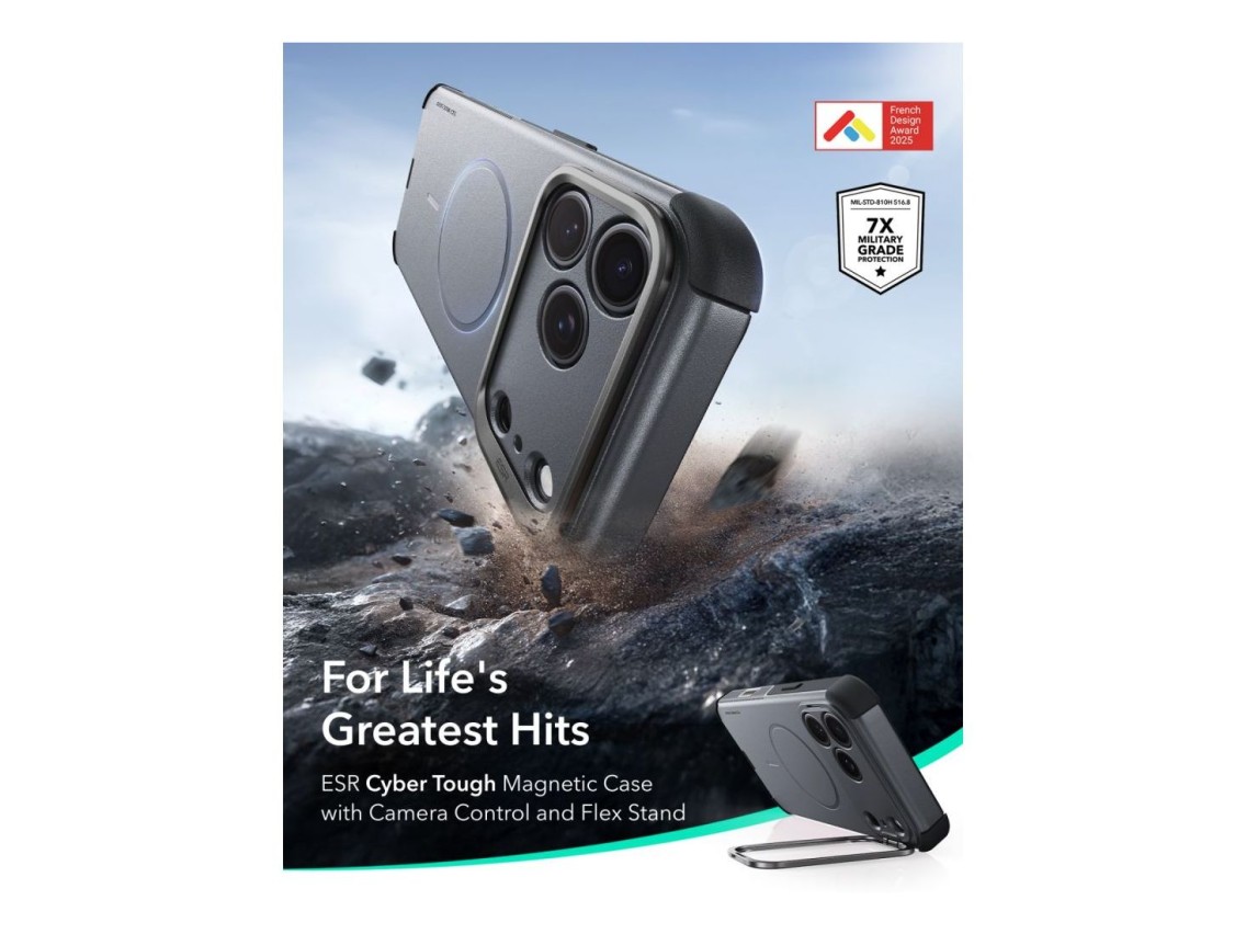Capa ESR Cyber-Tough com suporte e MagSafe para iPhone 18 Pro Max/17 Pro Max - Cinzento