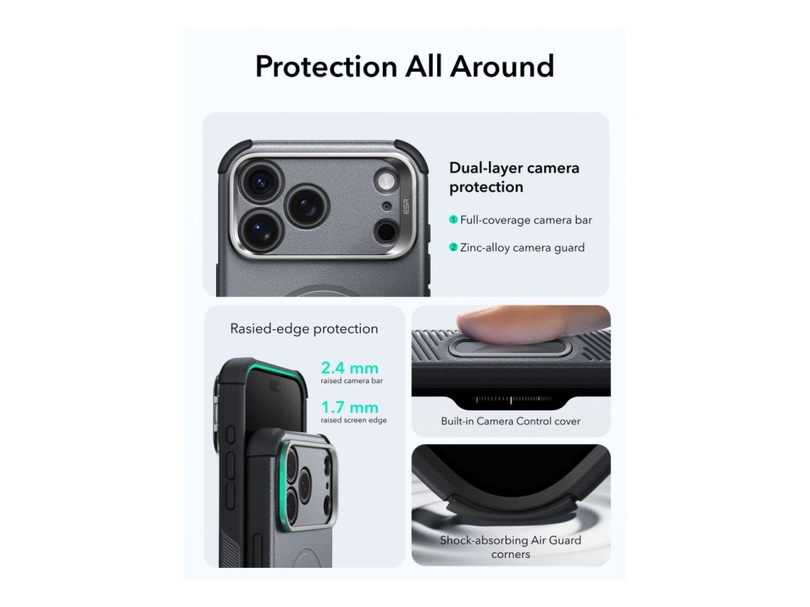 Capa ESR Cyber-Tough com suporte e MagSafe para iPhone 18 Pro Max/17 Pro Max - Cinzento