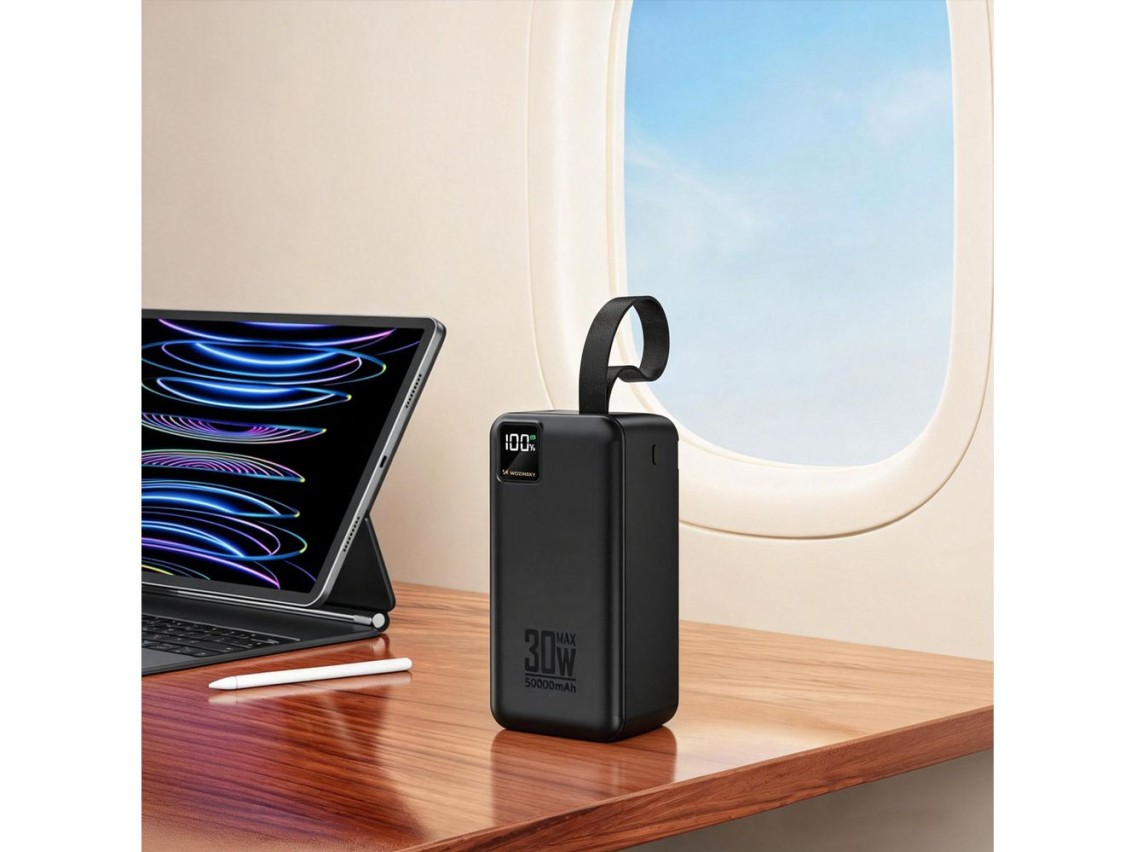 Powerbank Wozinsky W8-B 50000mAh 30W 2xUSB-A e 1xUSB-C e micro USB com lanterna - preto