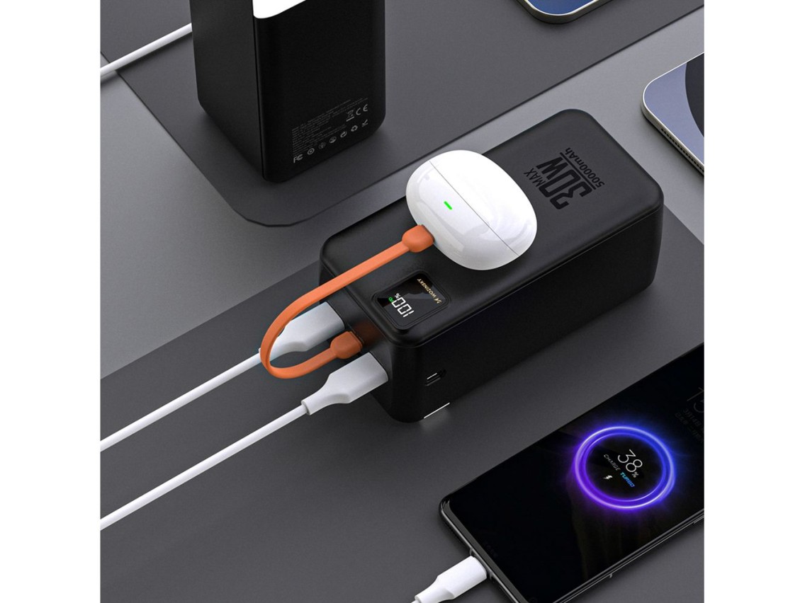 Batería externa Wozinsky W8-B de 50000 mAh y 30 W con 2 puertos USB-A, 1 puerto USB-C y puerto micro
