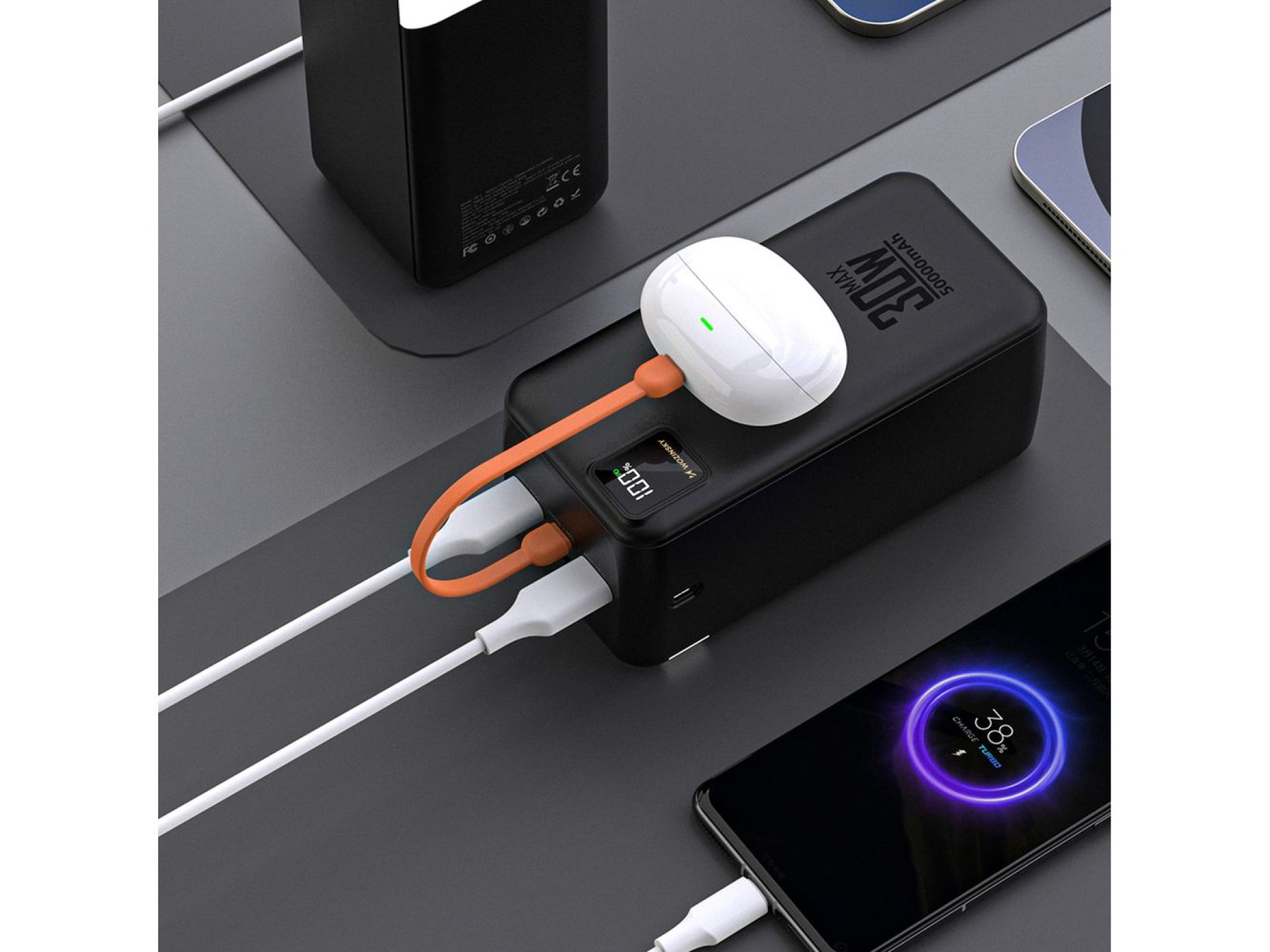 Batería externa Wozinsky W8-B de 50000 mAh y 30 W con 2 puertos USB-A, 1 puerto USB-C y puerto micro