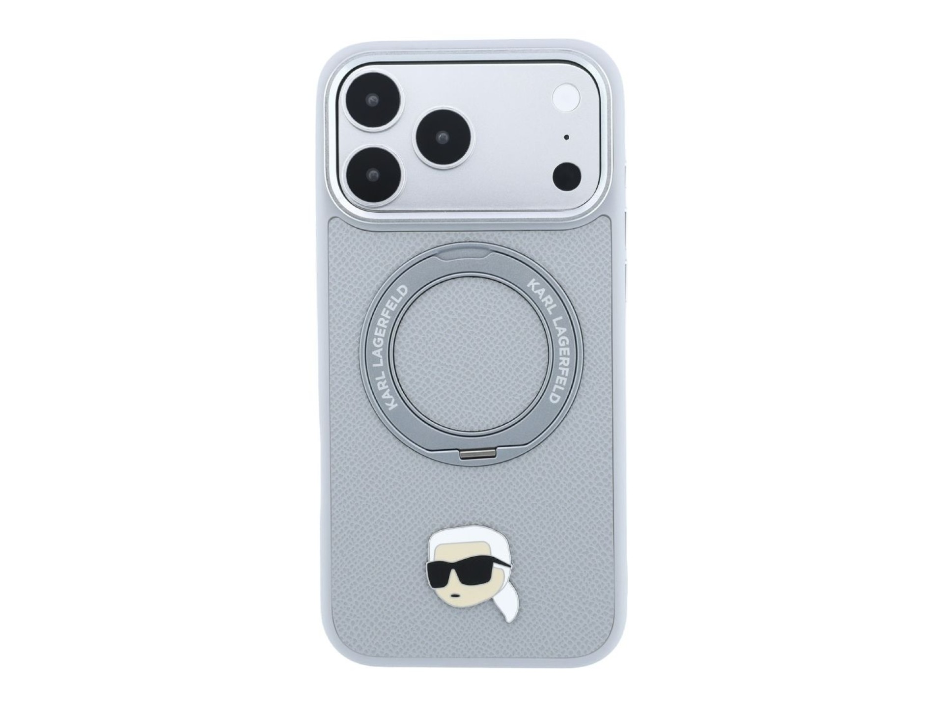 Capa MagSafe Karl Lagerfeld com suporte de anel 360° e alfinete de cabeça de Karl para iPhone 18 Pro