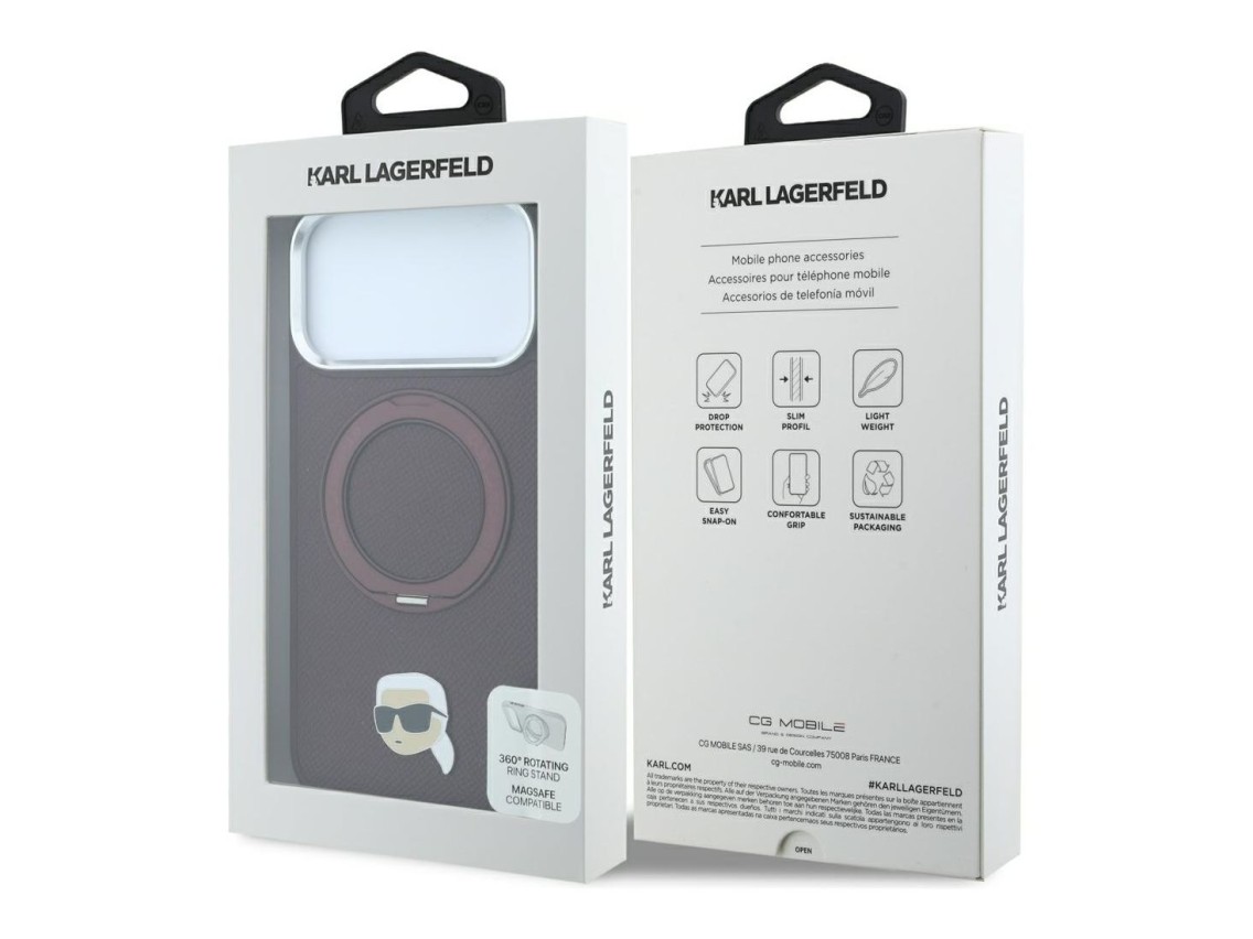 Karl Lagerfeld with Ring Stand 360 Karl Head Pin MagSafe case for iPhone 18 Pro / 17 Pro - burgundy