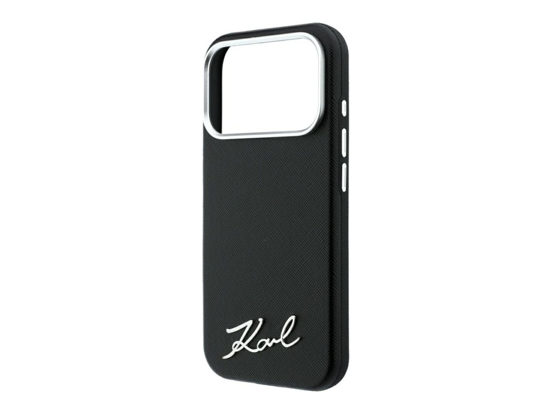 Karl Lagerfeld Saffiano Small Script Metal Logo MagSafe Case for iPhone 18 Pro / 17 Pro - Black