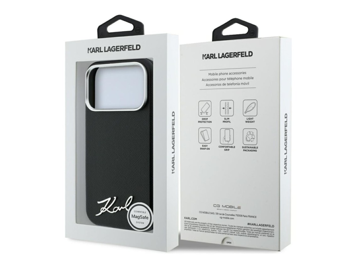 Karl Lagerfeld Saffiano Small Script Metal Logo MagSafe Case for iPhone 18 Pro / 17 Pro - Black