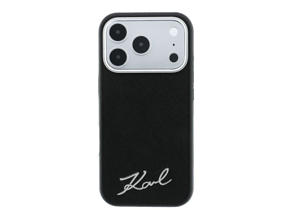 Karl Lagerfeld Saffiano Small Script Metal Logo MagSafe Case for iPhone 18 Pro / 17 Pro - Black