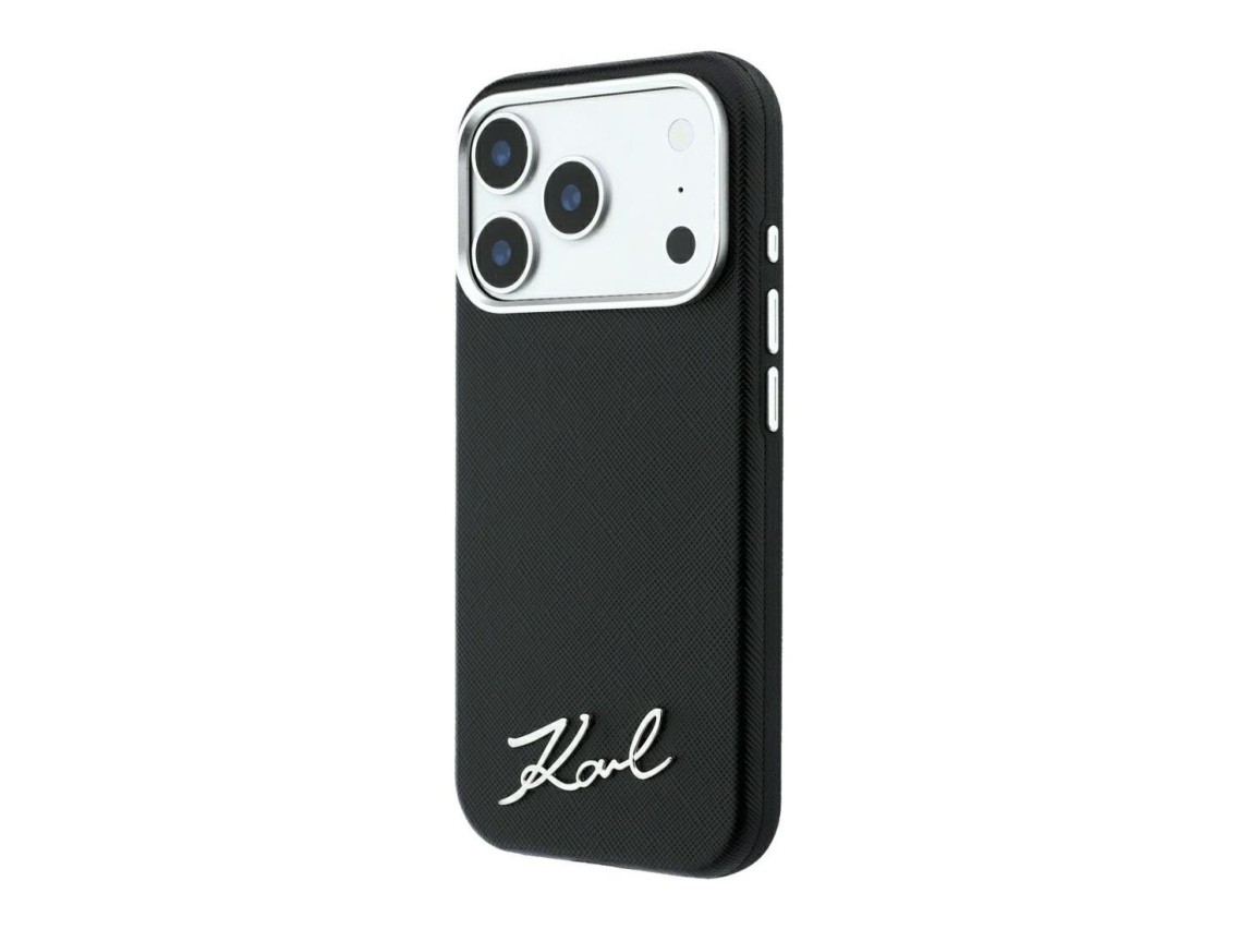 Karl Lagerfeld Saffiano Small Script Metal Logo MagSafe Case for iPhone 18 Pro / 17 Pro - Black