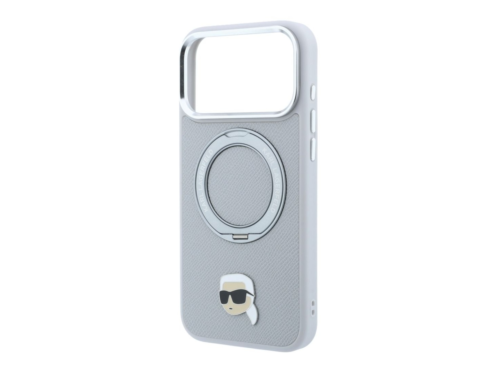 Capa MagSafe Karl Lagerfeld com suporte de anel 360° e alfinete de cabeça de Karl para iPhone 18 Pro