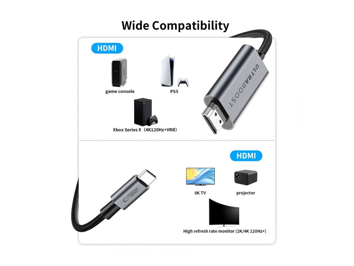 Cable de v�deo Tech-Protect UltraBoost USB-C HDMI 2.1 60Hz de 300 cm - Gris